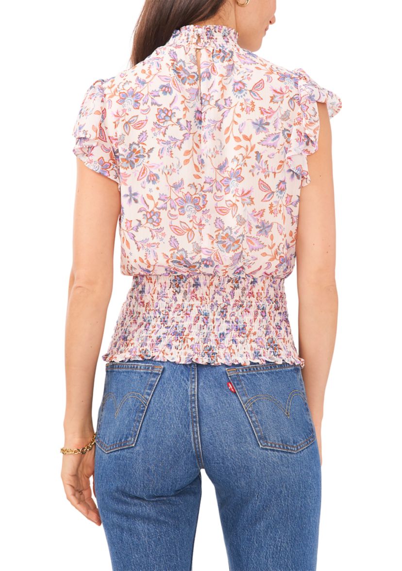 Womens Short Flutter Sleeve Smocked Ruffle Neck Top