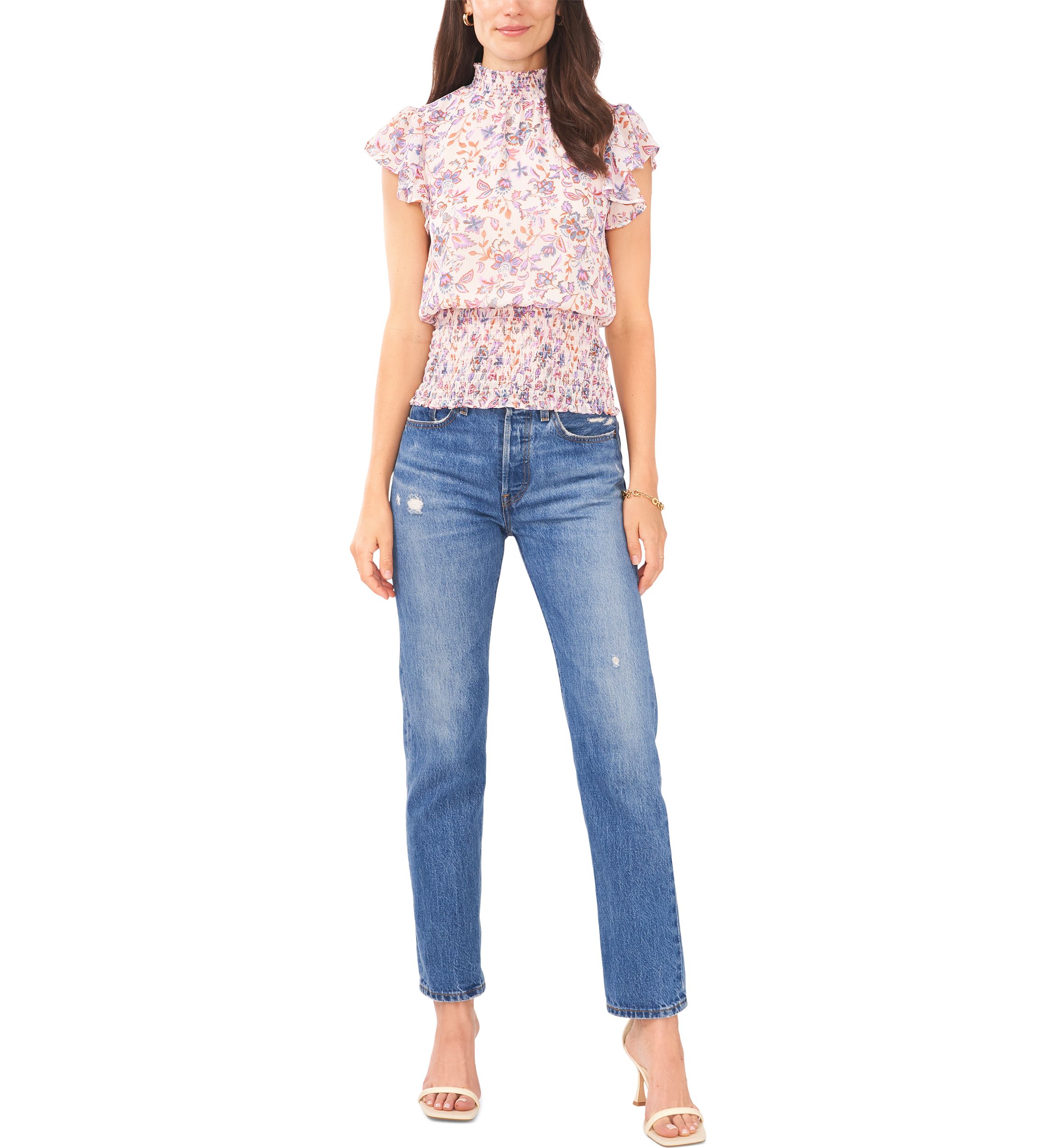 Womens Short Flutter Sleeve Smocked Ruffle Neck Top