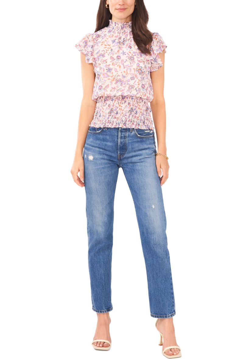 Womens Short Flutter Sleeve Smocked Ruffle Neck Top