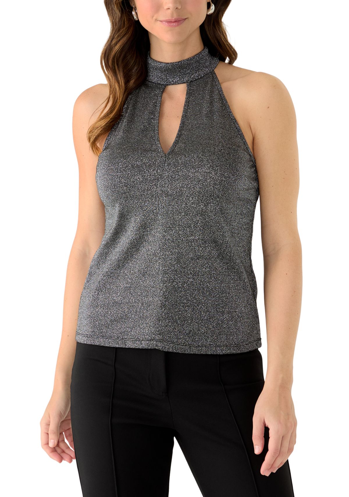 Womens Sparkle Knit Keyhole Halter Top