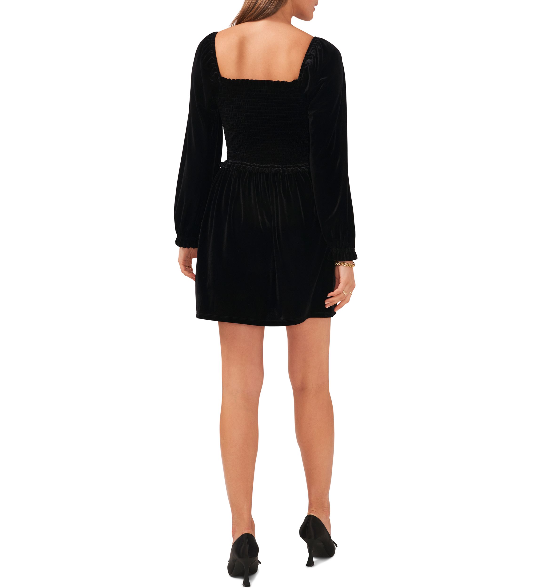 Womens Blouson Sleeve Smocked Bodice Dress