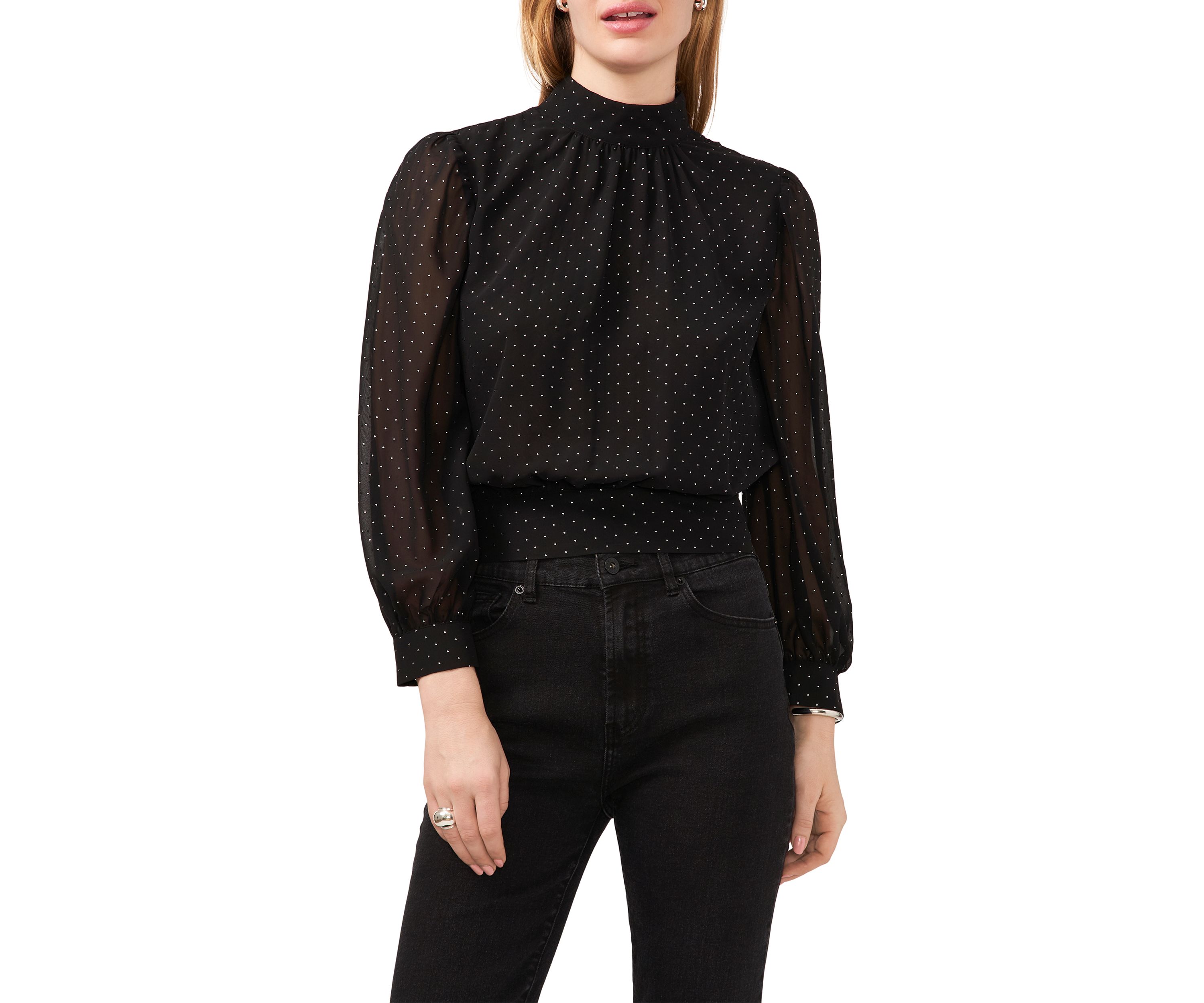 Womens Blouson Sleeve Nailhead Open Drape Back Blouse