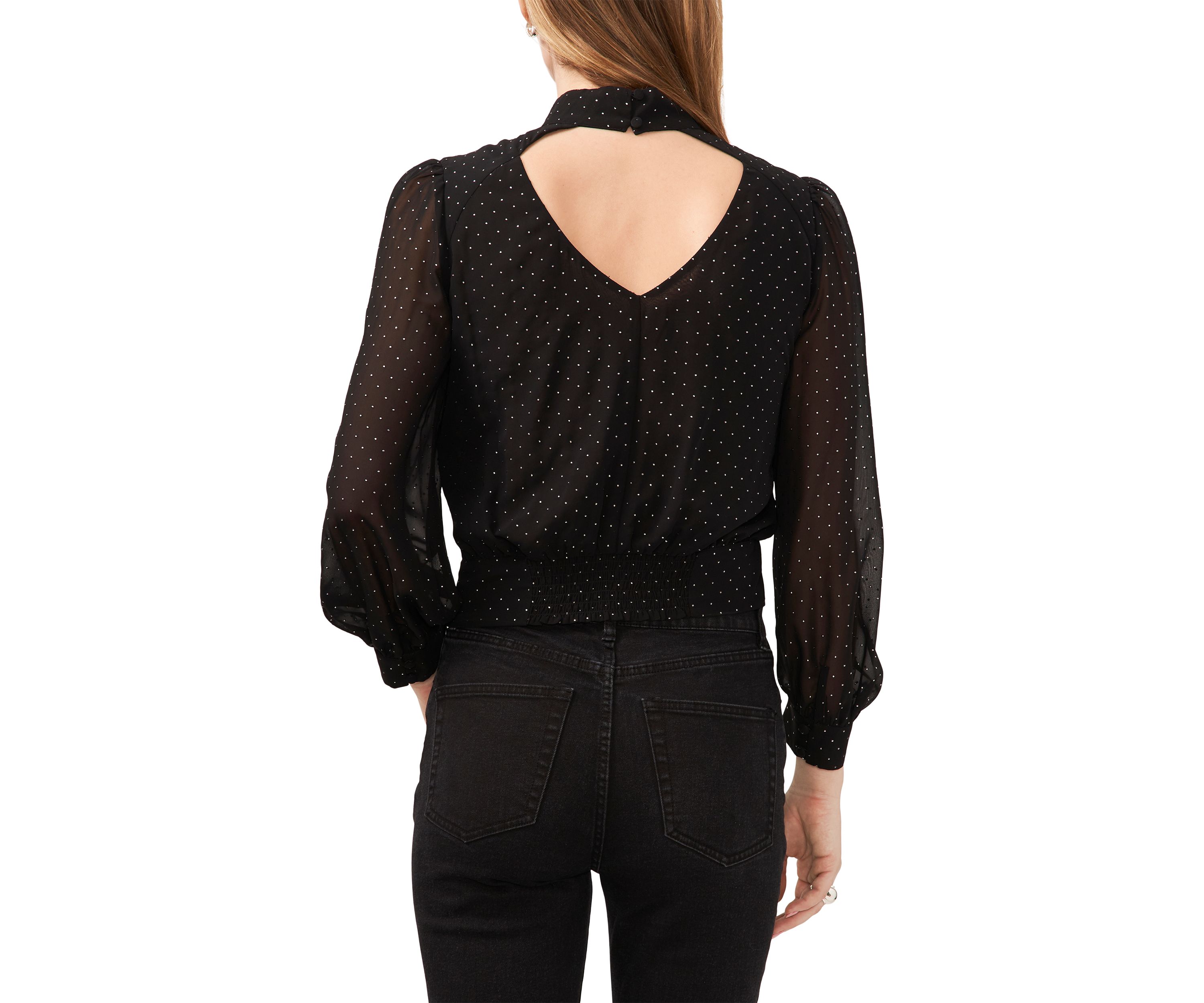 Womens Blouson Sleeve Nailhead Open Drape Back Blouse