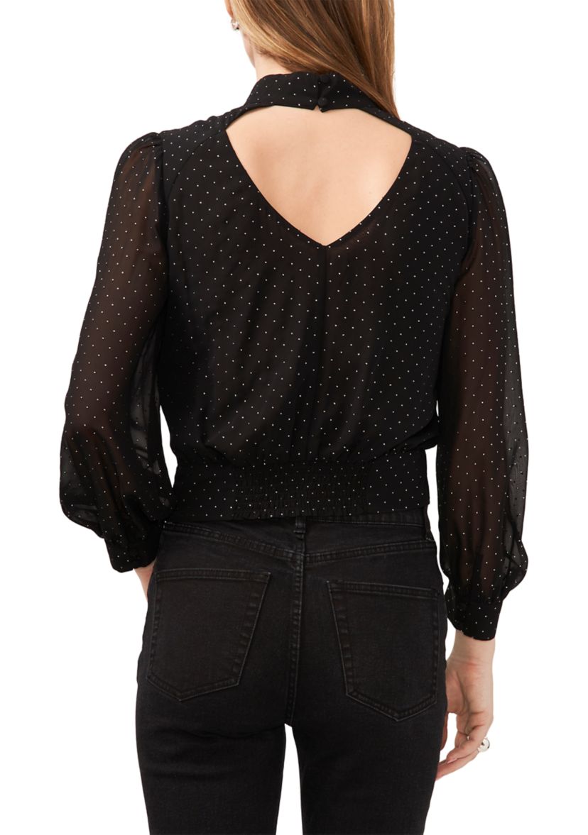 Womens Blouson Sleeve Nailhead Open Drape Back Blouse