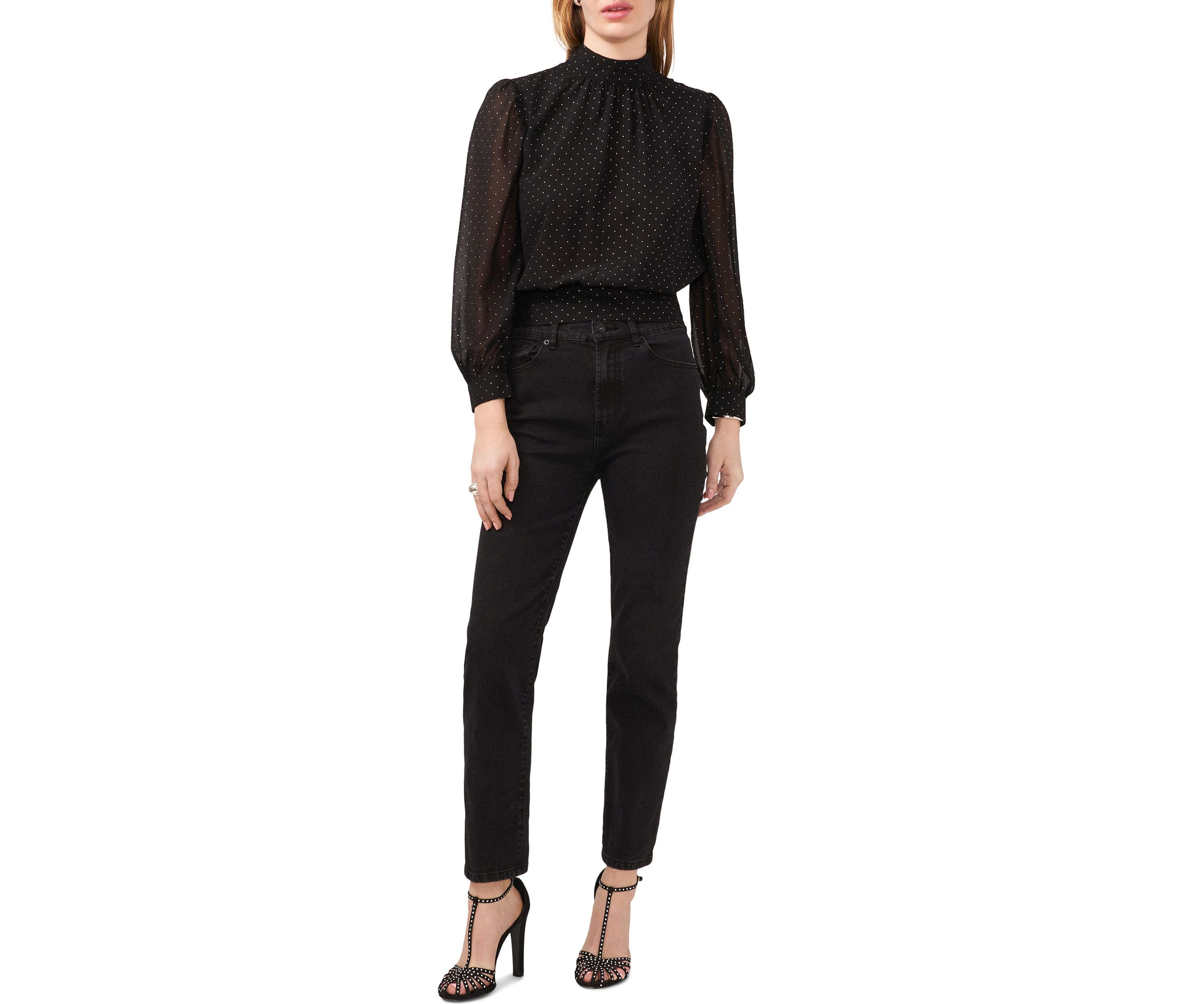 Womens Blouson Sleeve Nailhead Open Drape Back Blouse