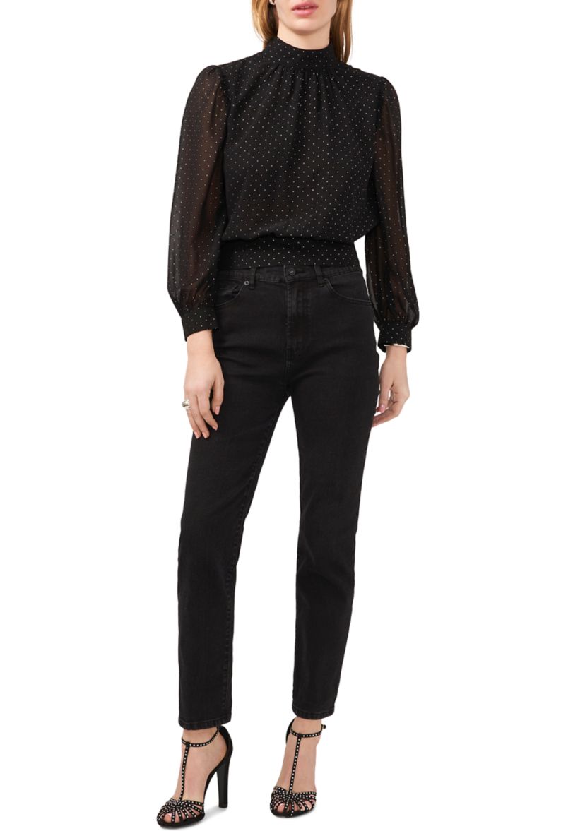 Womens Blouson Sleeve Nailhead Open Drape Back Blouse