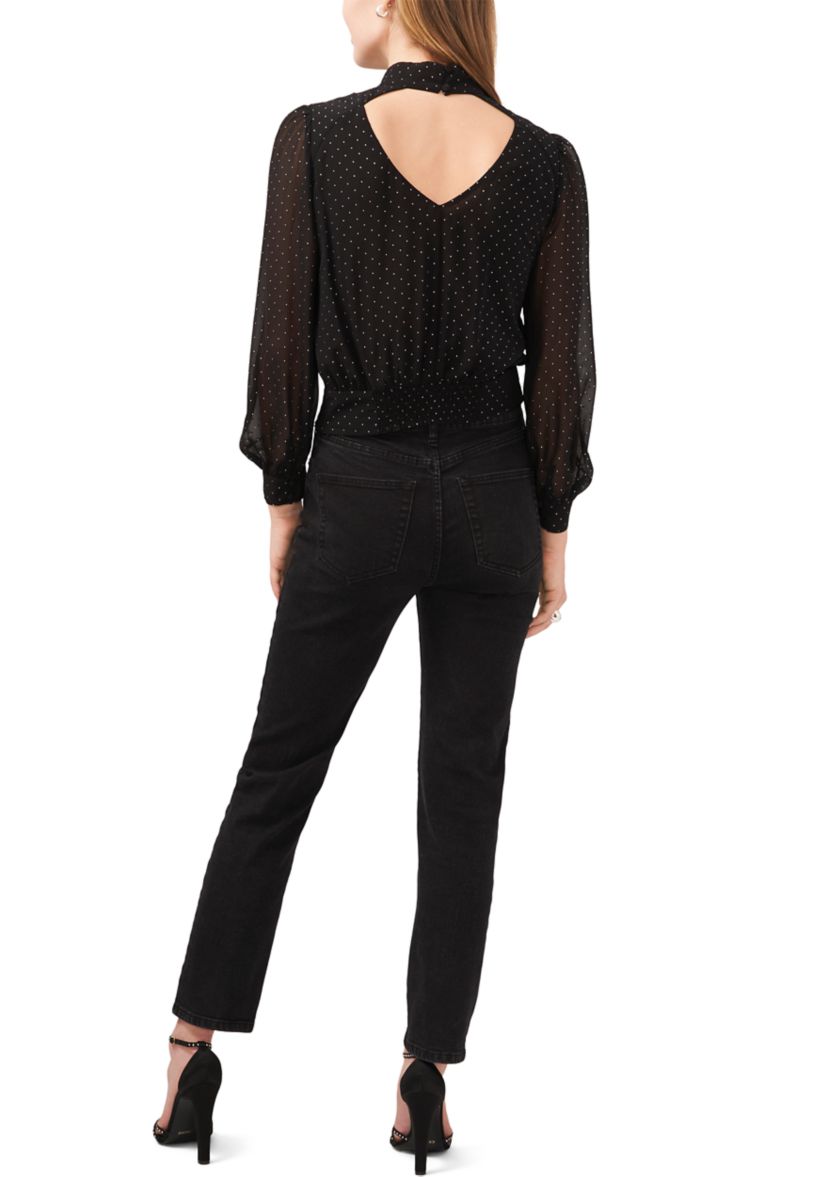 Womens Blouson Sleeve Nailhead Open Drape Back Blouse