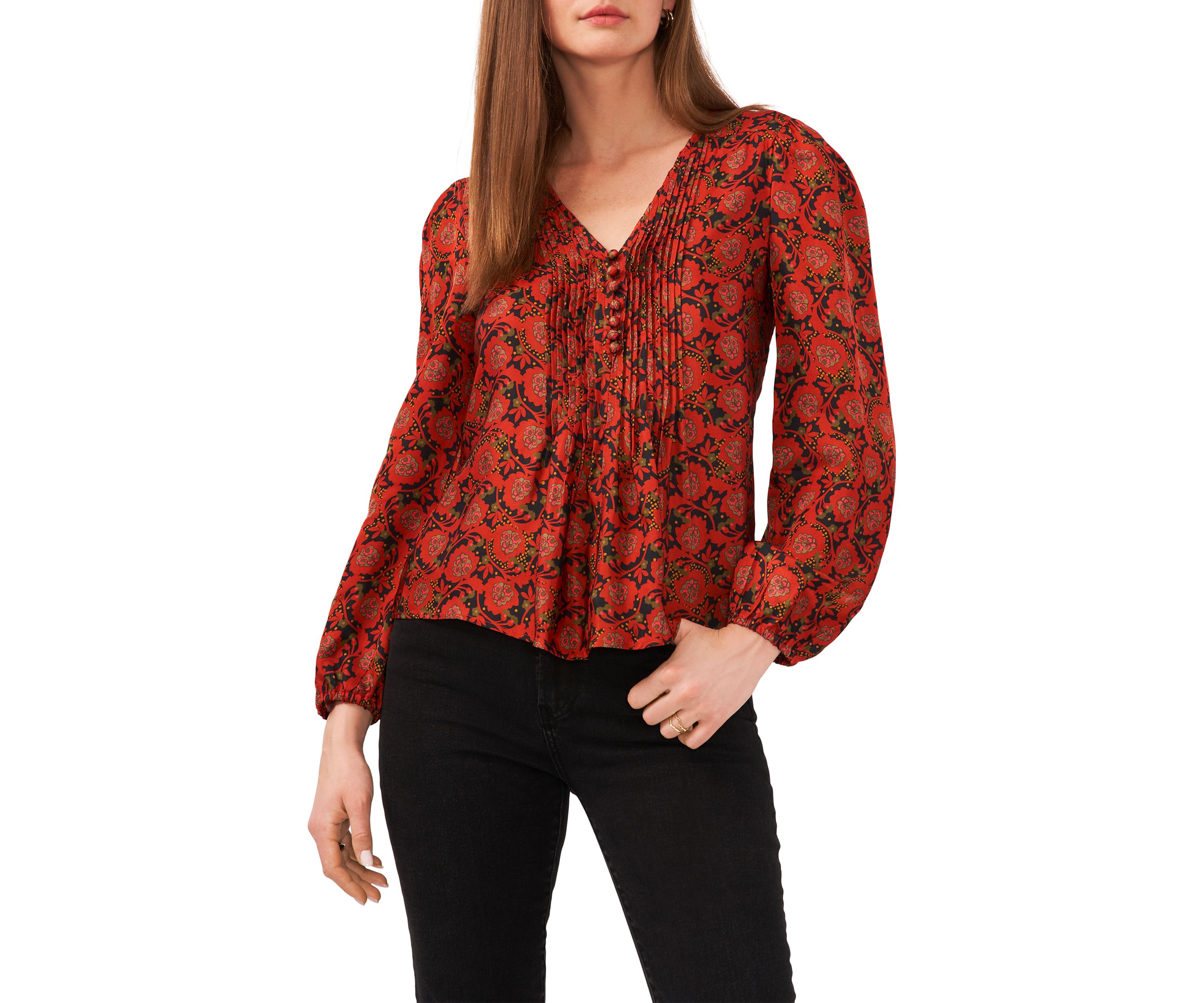 Womens Long Sleeve V-Neck Pleated Button Front Top