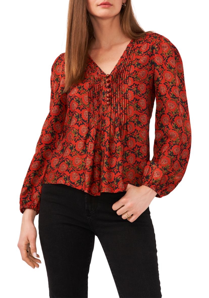 Womens Long Sleeve V-Neck Pleated Button Front Top