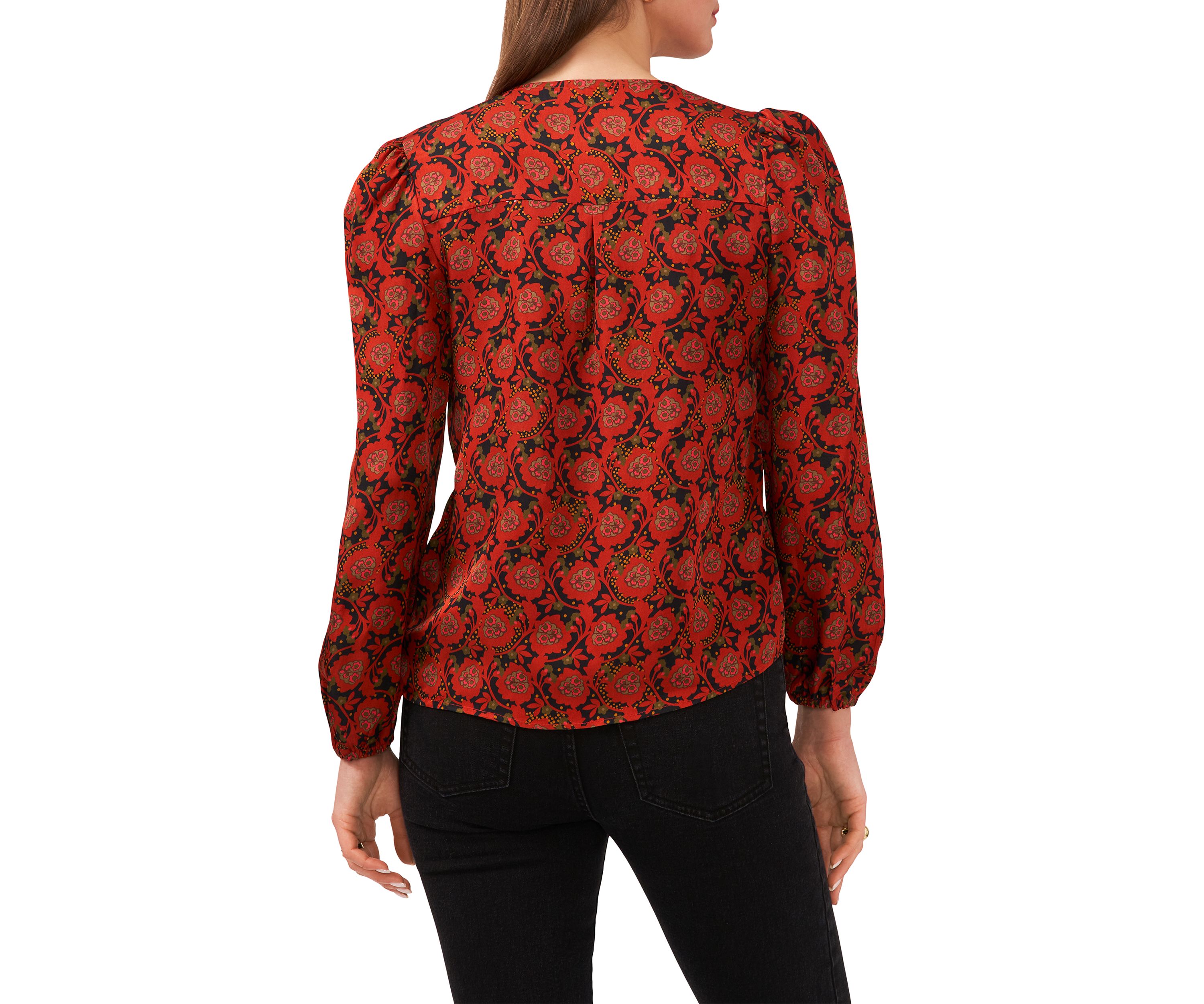 Womens Long Sleeve V-Neck Pleated Button Front Top