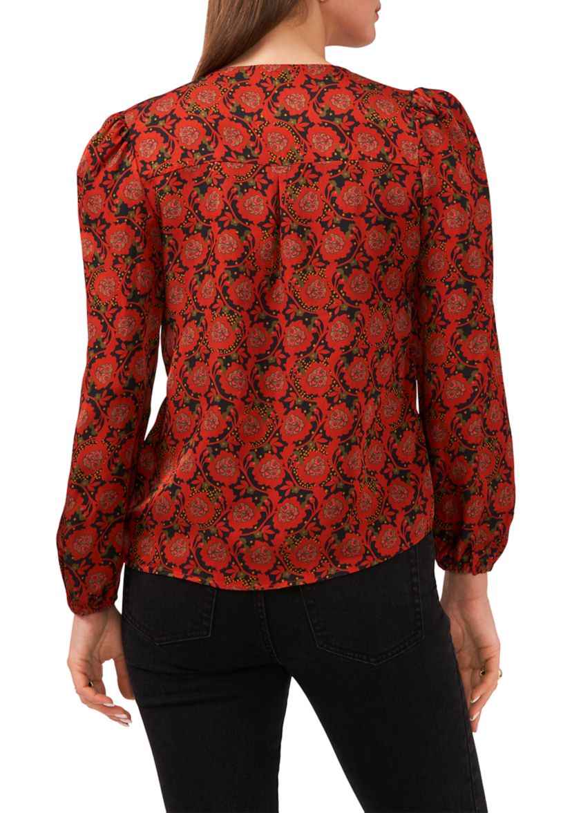 Womens Long Sleeve V-Neck Pleated Button Front Top