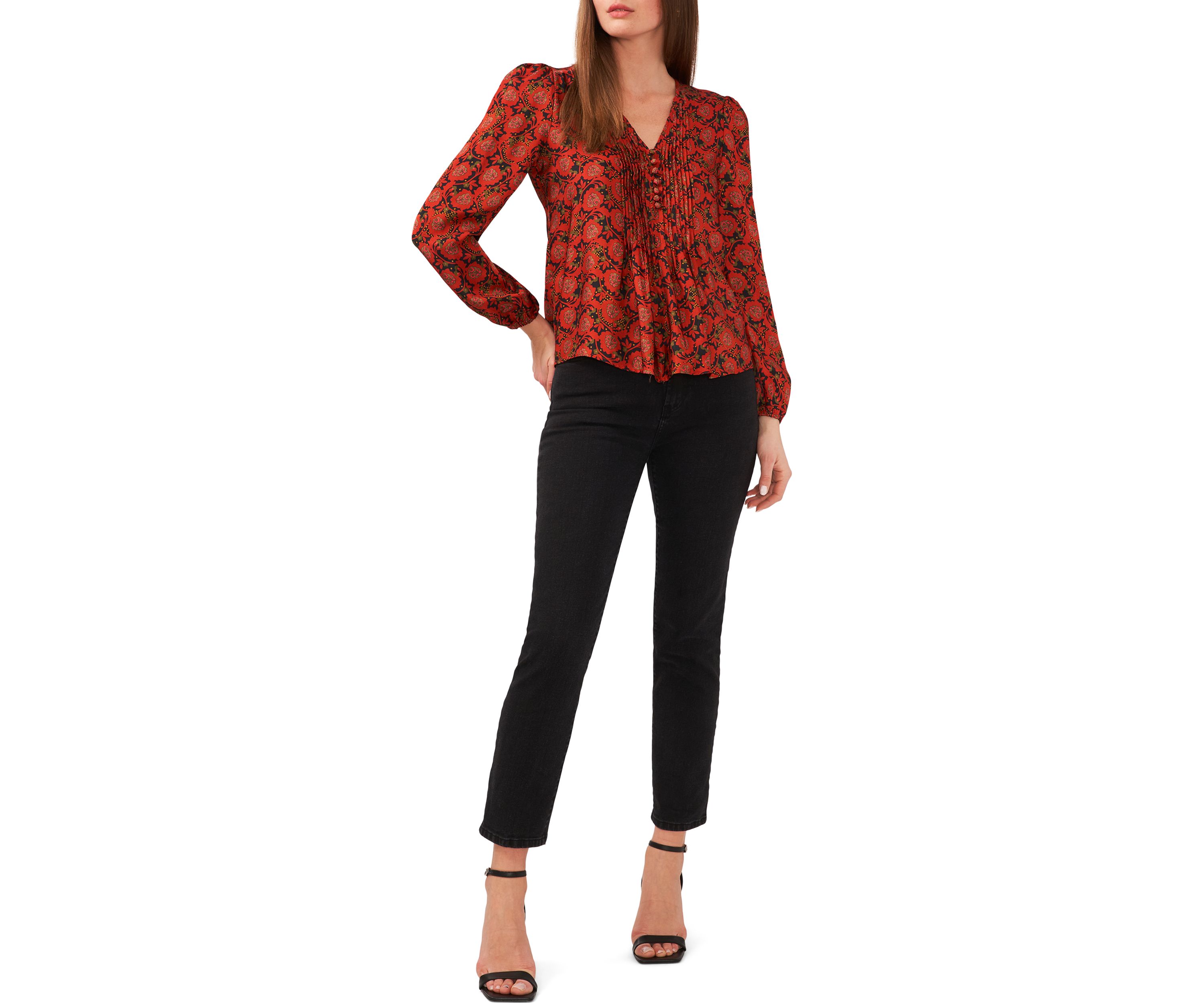 Womens Long Sleeve V-Neck Pleated Button Front Top