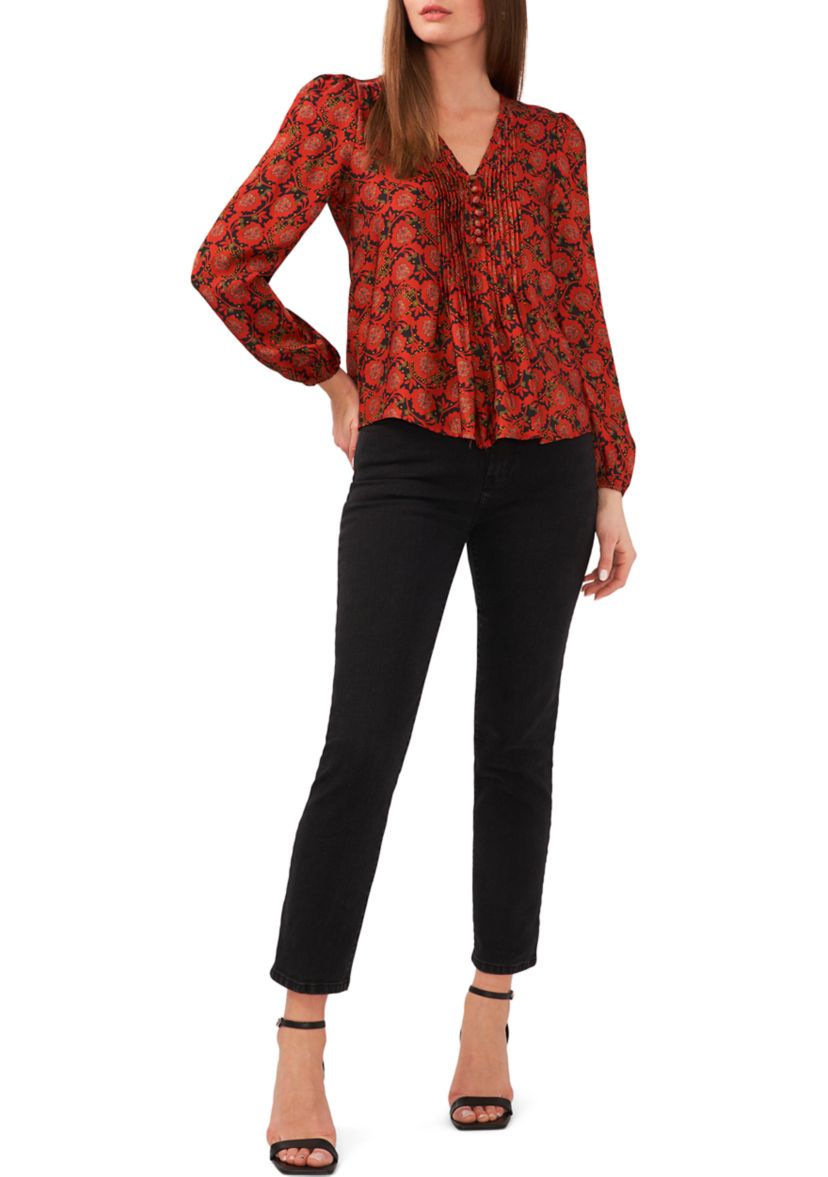 Womens Long Sleeve V-Neck Pleated Button Front Top