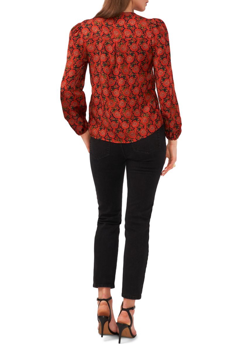 Womens Long Sleeve V-Neck Pleated Button Front Top