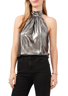 1.State Women's Sleeveless High Neck Tie Back Top, Platinum, Small