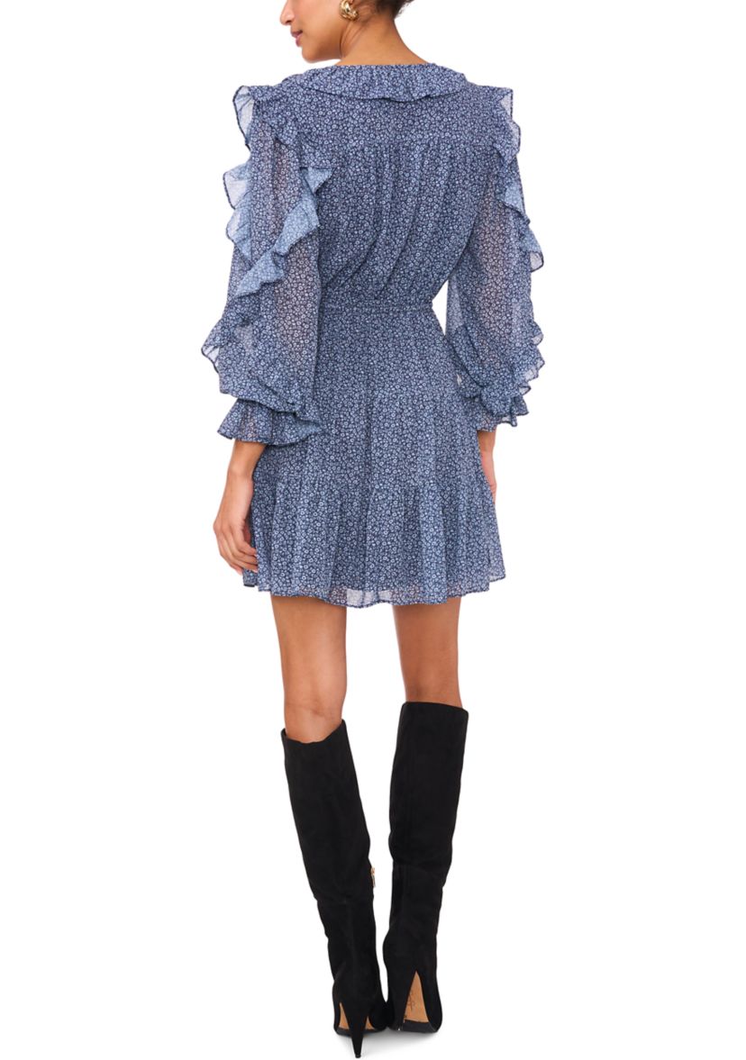 1.STATE Women's Printed Long-Sleeve V-Neck Mini Dress - Indigo Night - Size 4