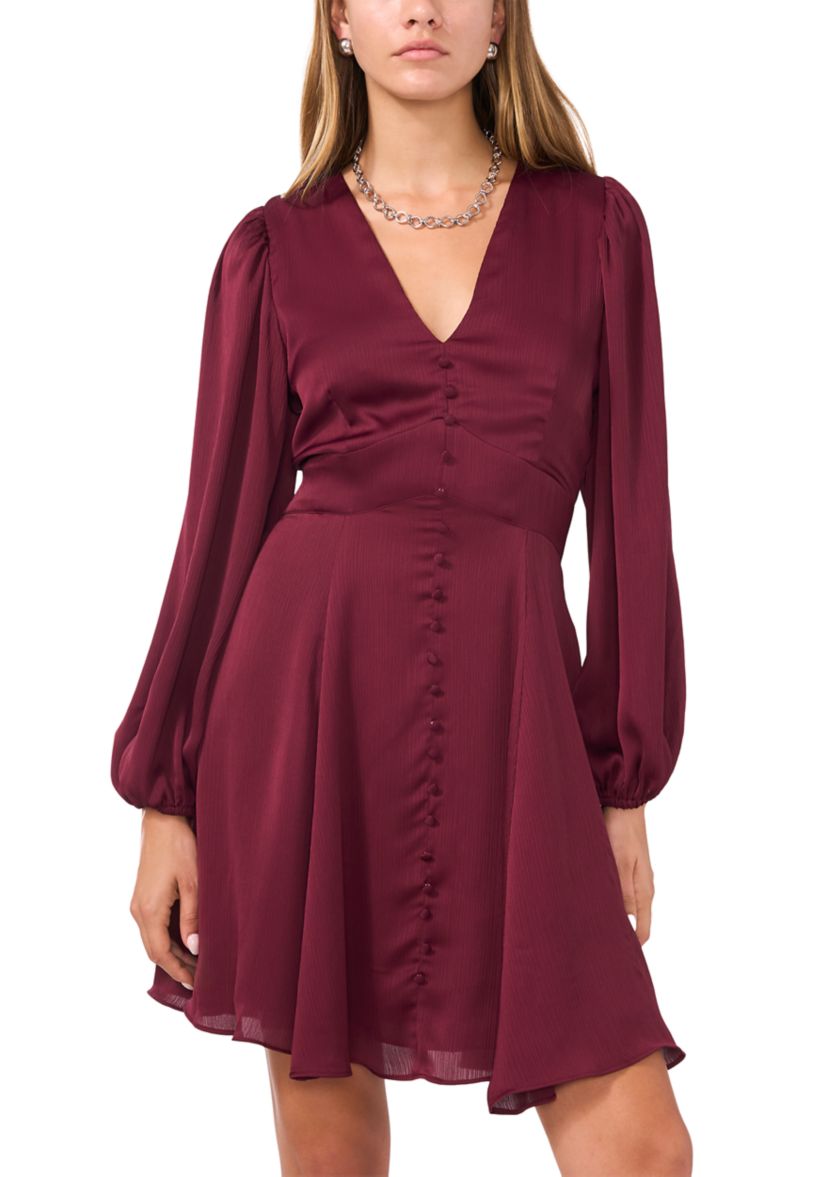 1.State Women's V-Neck Mini Dress with Buttons, Red, 4