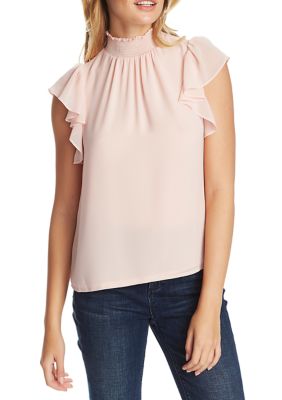 Flutter Sleeve Smock Mock Neck Blouse