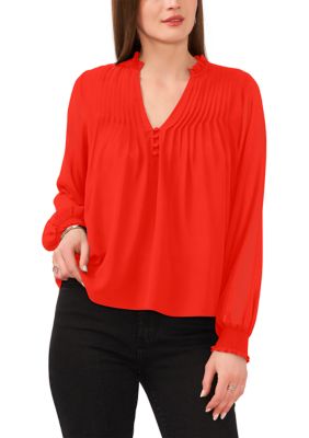 Women's Pleated Yoke Split Neck Top