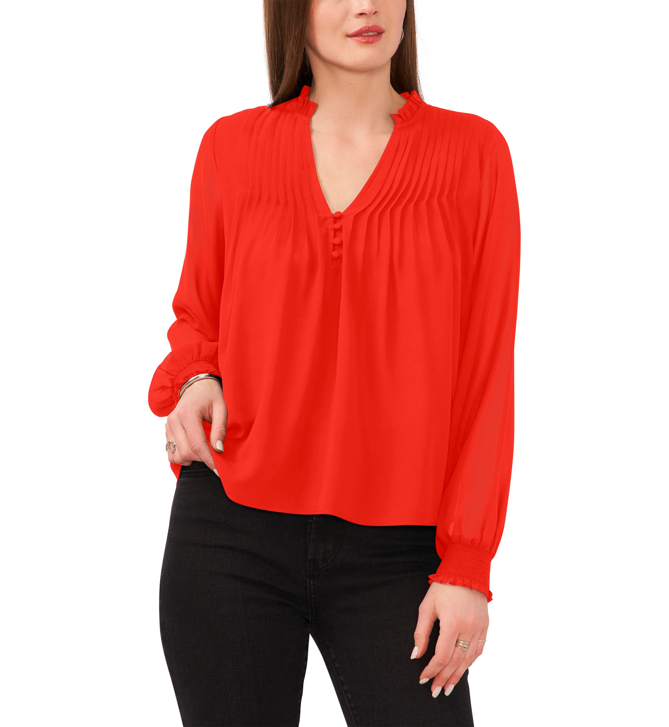 Womens Pleated Yoke Split Neck Top 