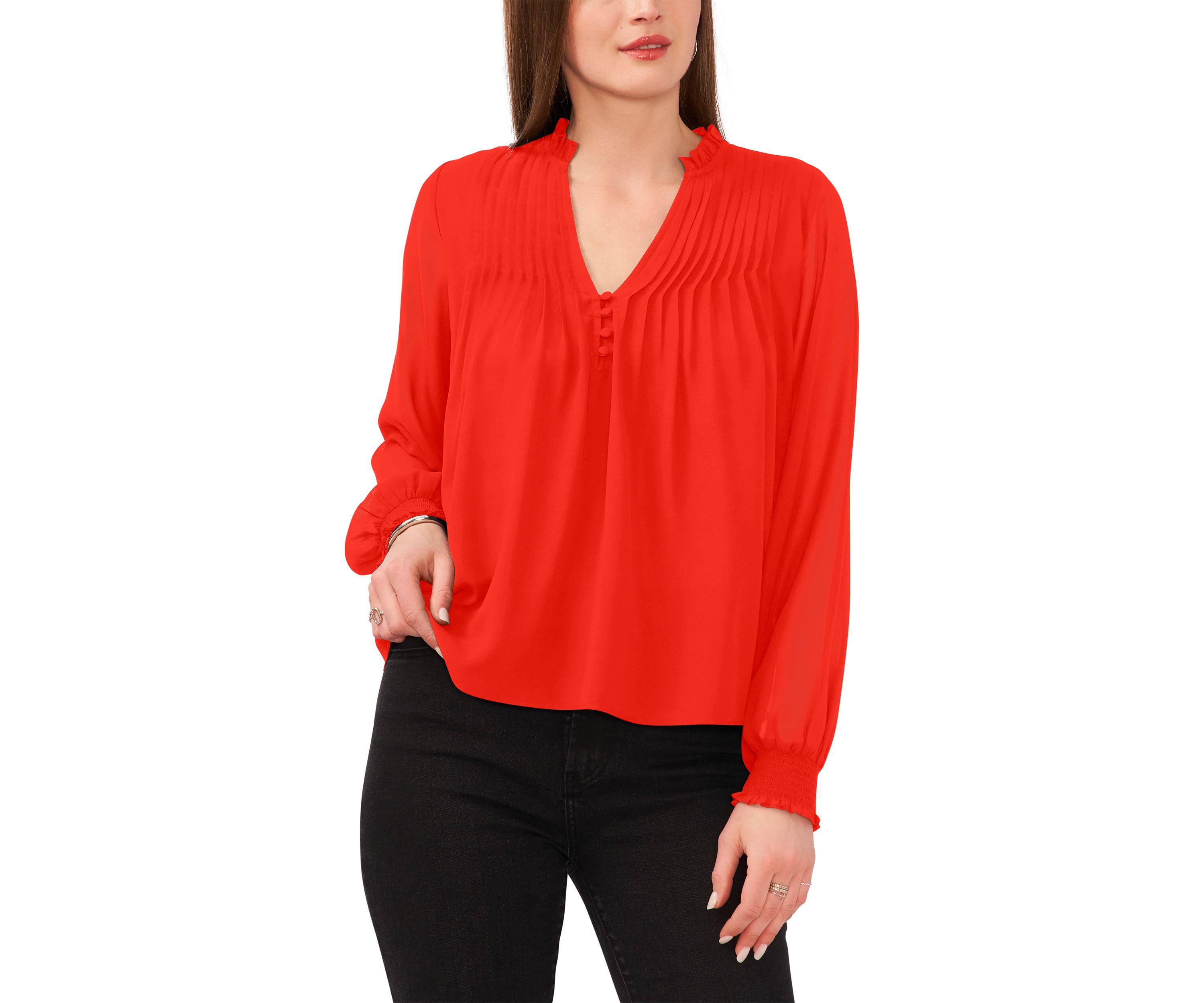 Womens Pleated Yoke Split Neck Top 