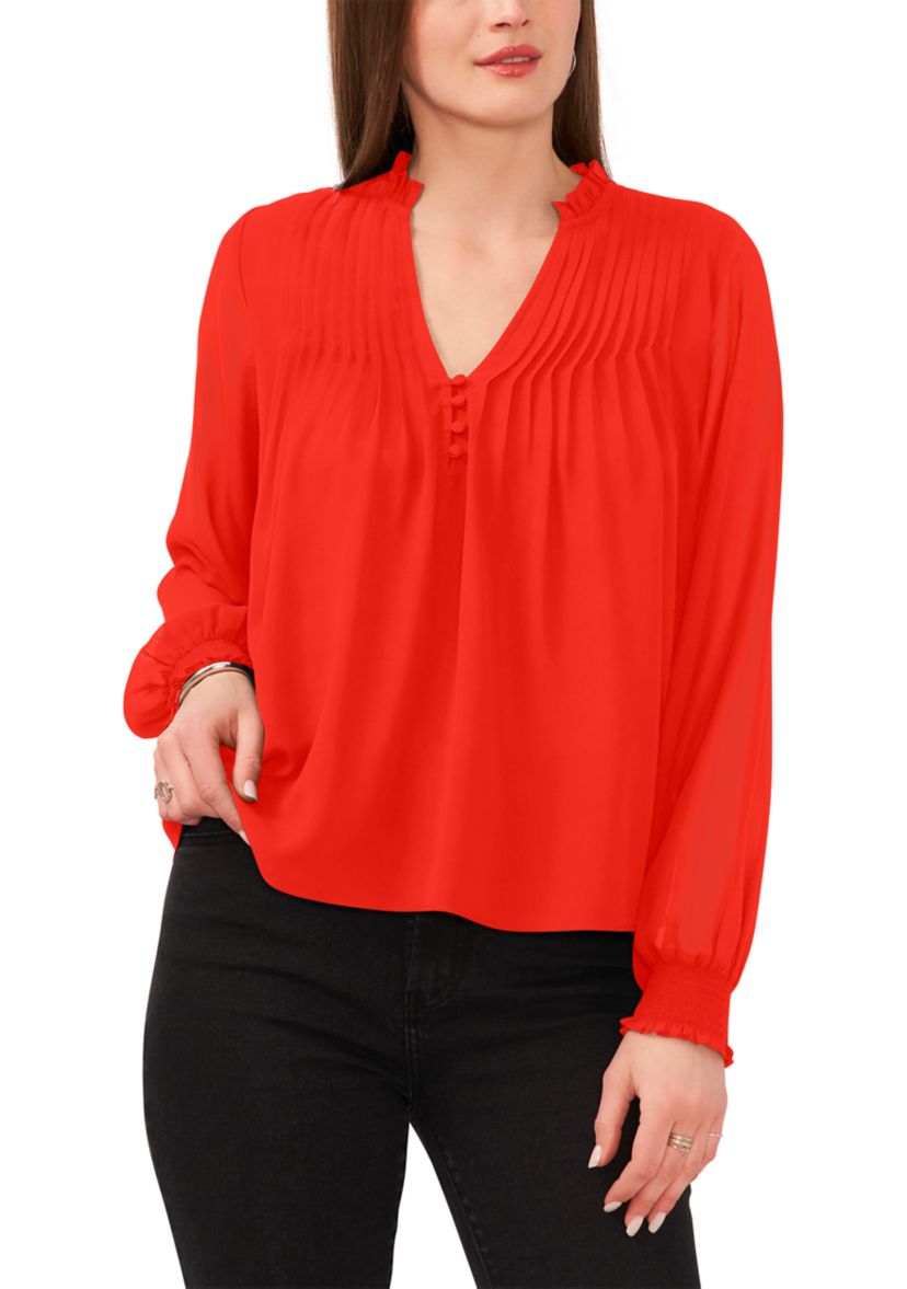 Womens Pleated Yoke Split Neck Top 