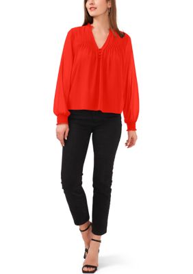 Women's Pleated Yoke Split Neck Top