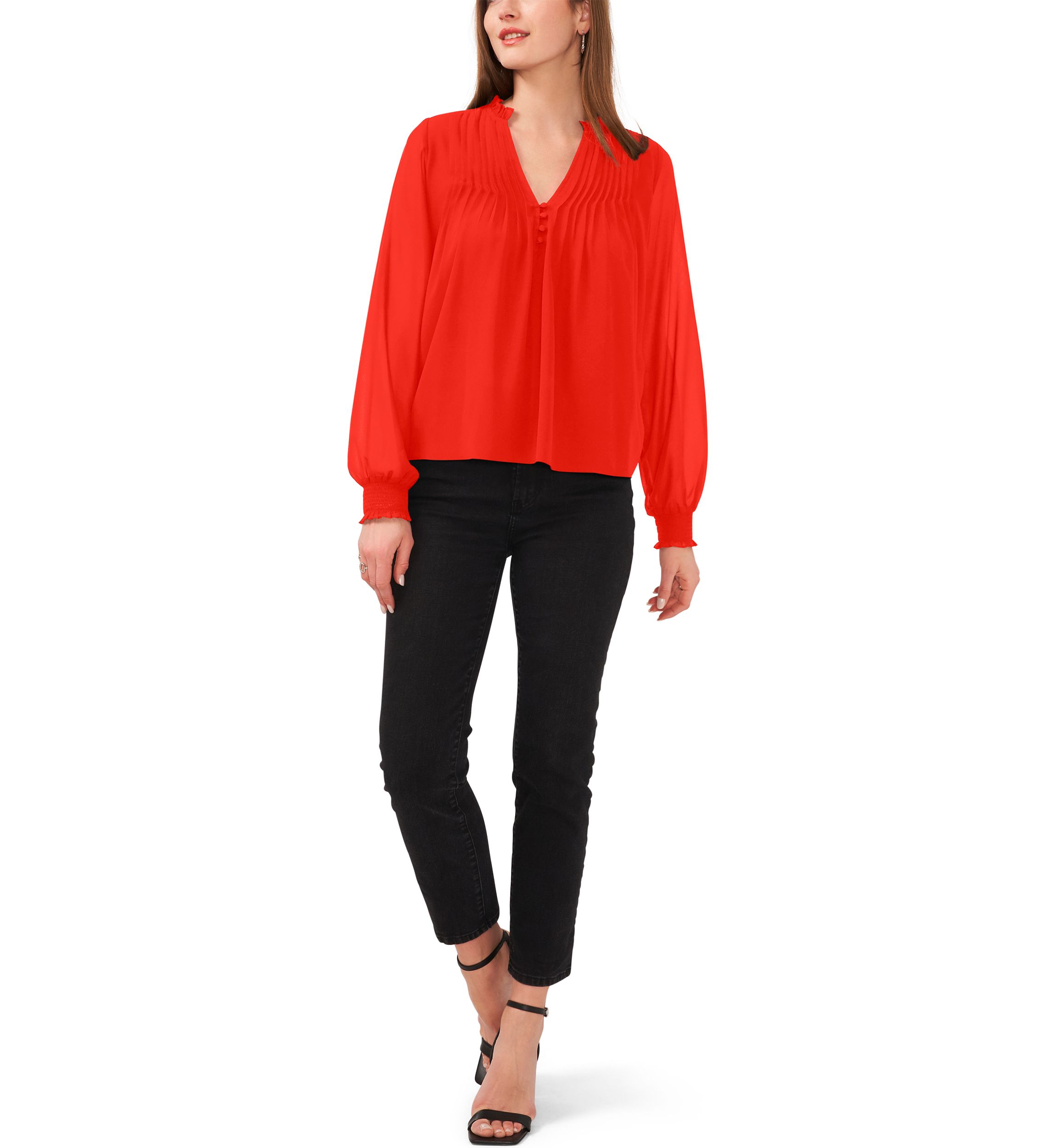 Womens Pleated Yoke Split Neck Top 