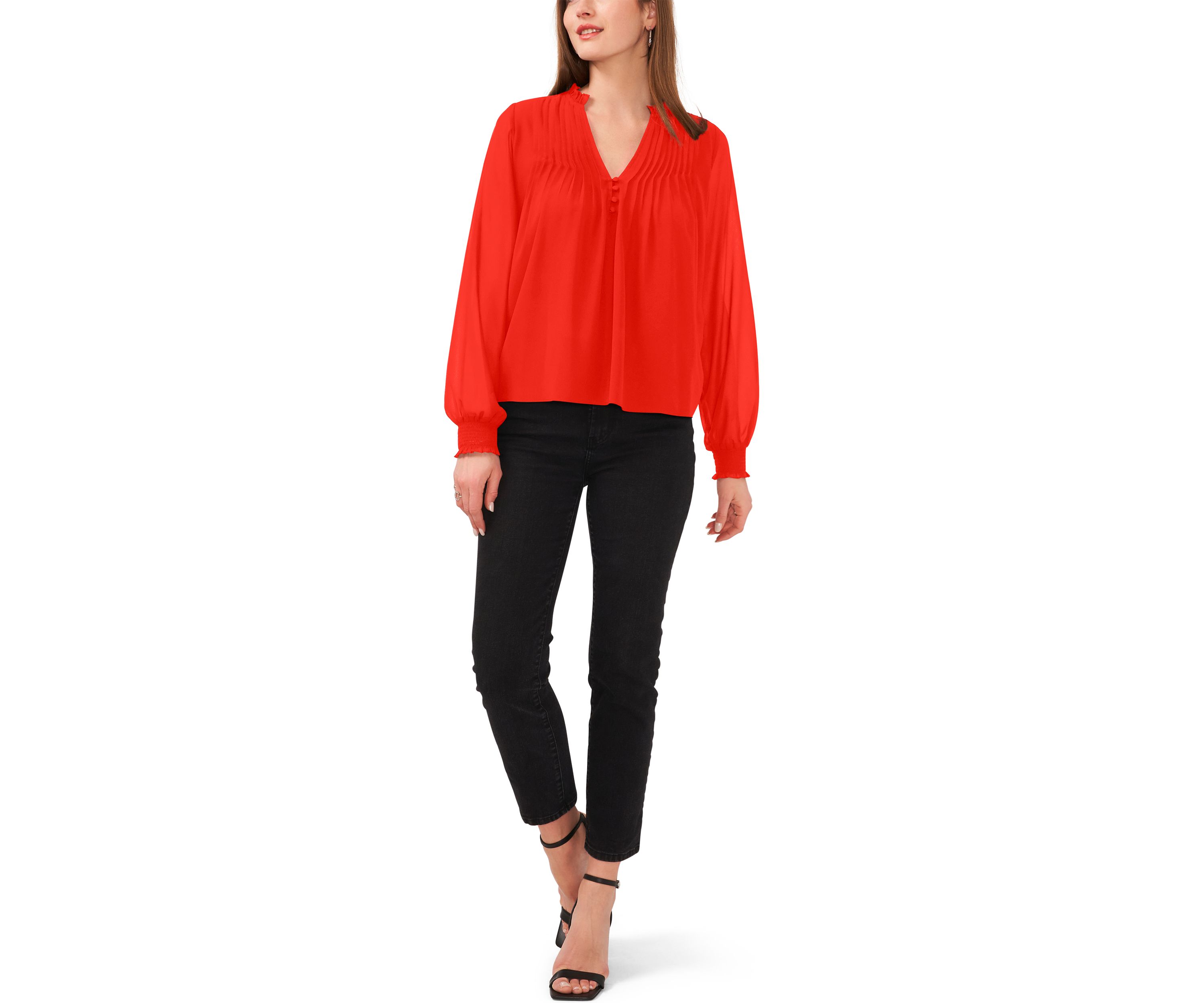 Womens Pleated Yoke Split Neck Top 