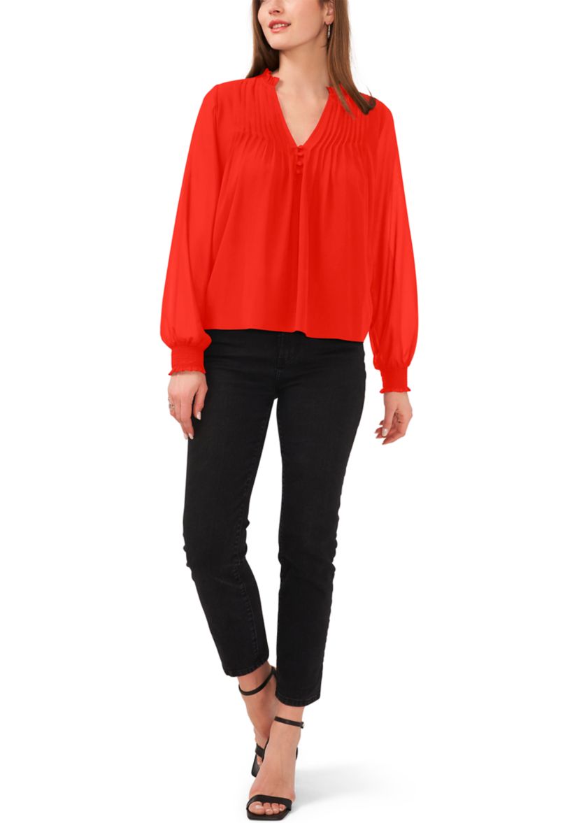 Womens Pleated Yoke Split Neck Top 