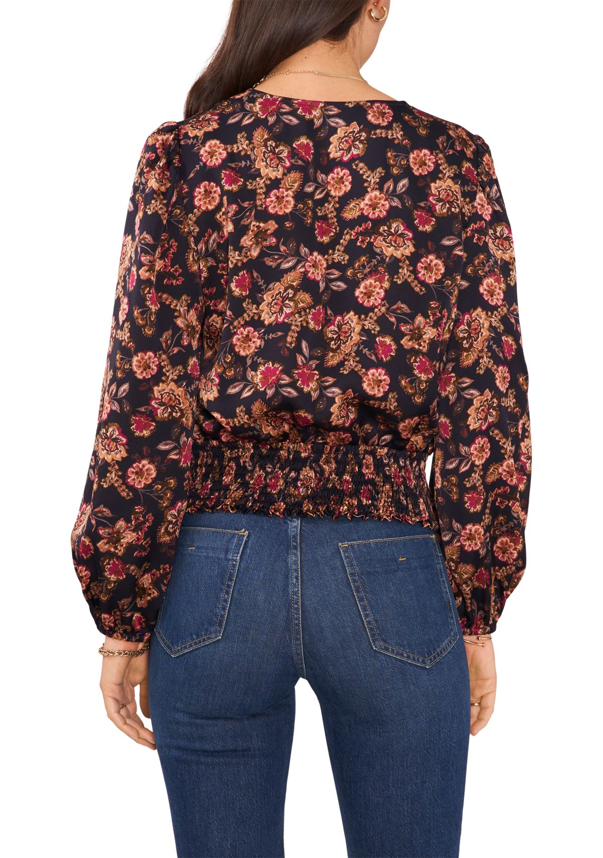 Womens Blouson Sleeve Floral Blouse 