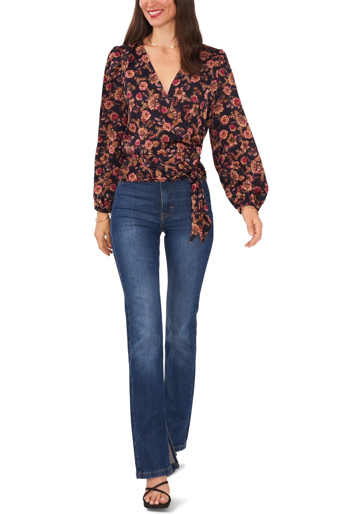 Womens Blouson Sleeve Floral Blouse 
