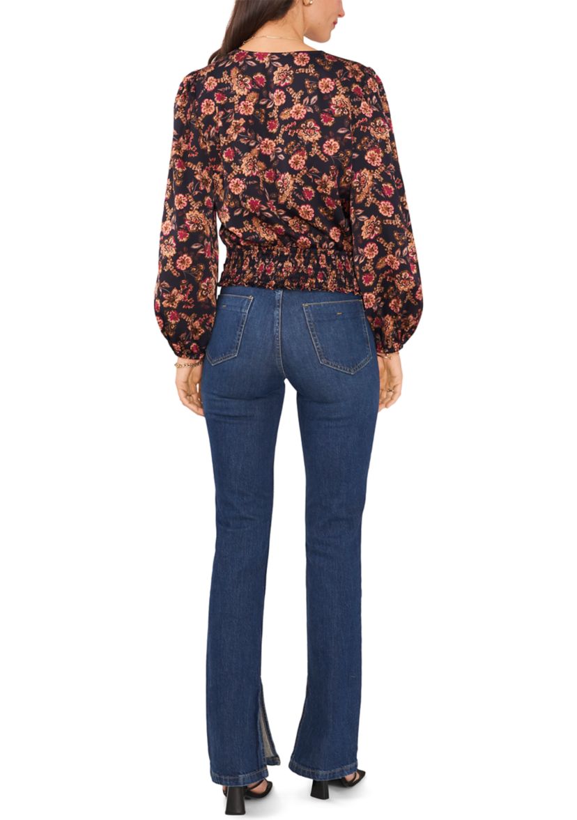 Womens Blouson Sleeve Floral Blouse 