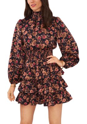 Women's Blouson Sleeve Mock Neck Floral Dress