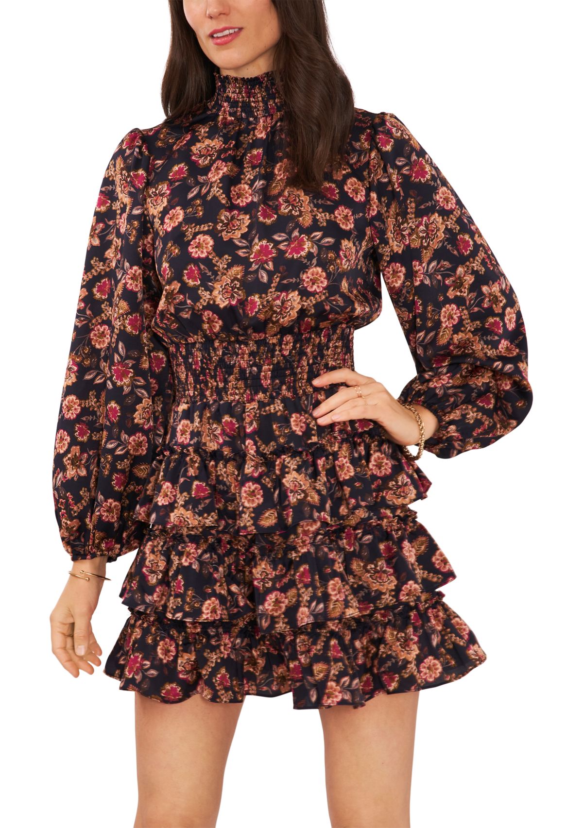 Womens Blouson Sleeve Mock Neck Floral Dress