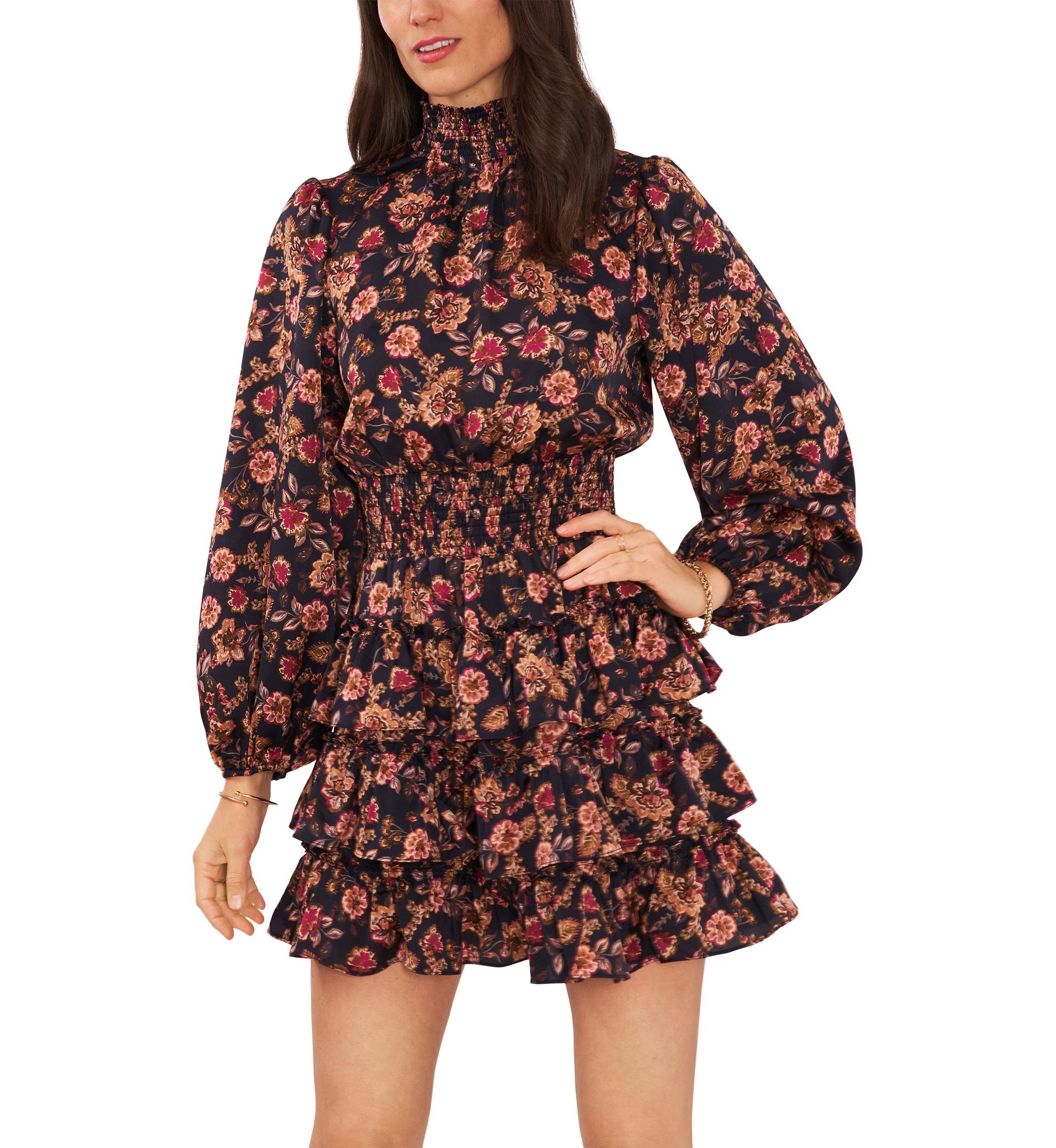 Womens Blouson Sleeve Mock Neck Floral Dress