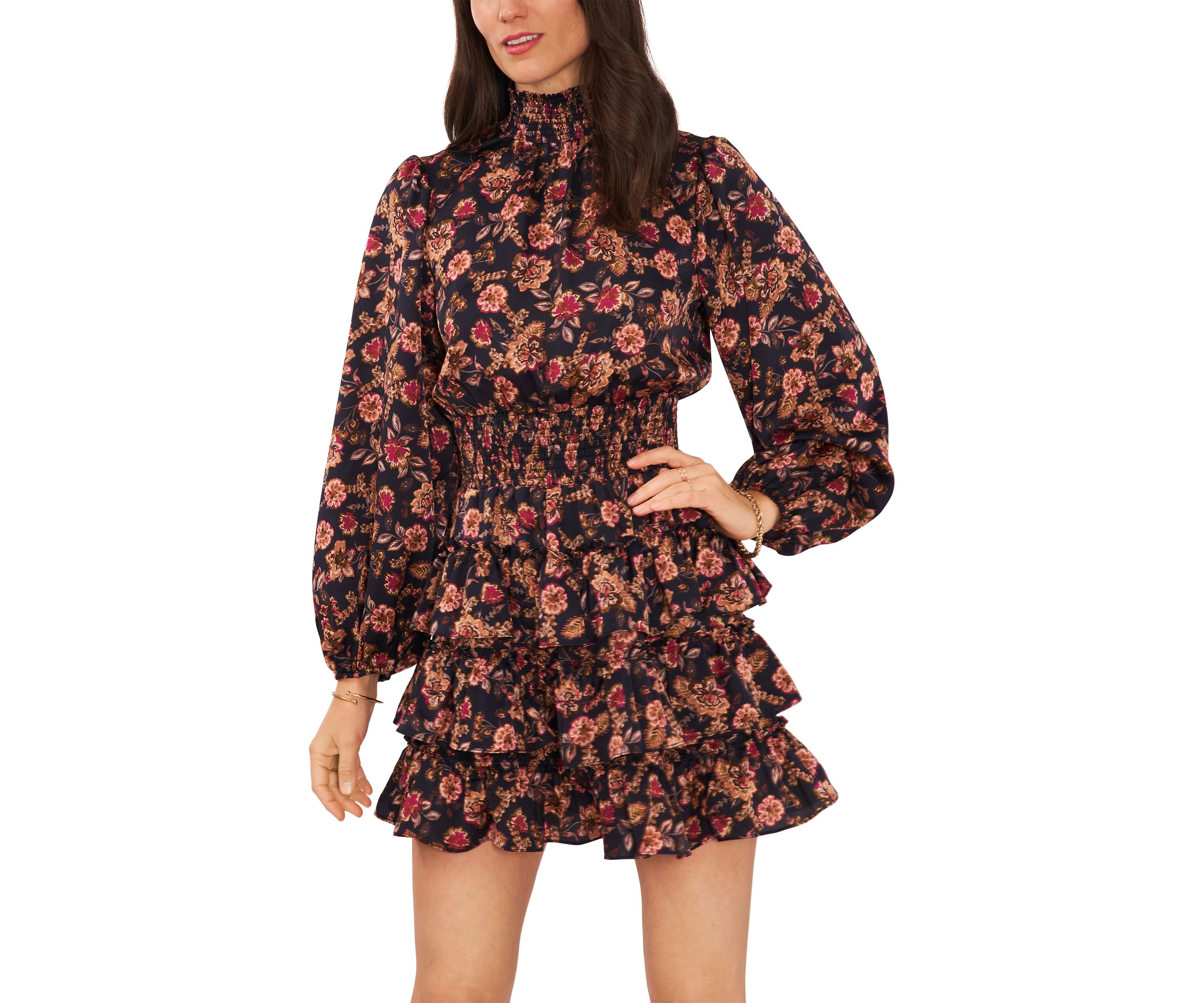 Womens Blouson Sleeve Mock Neck Floral Dress