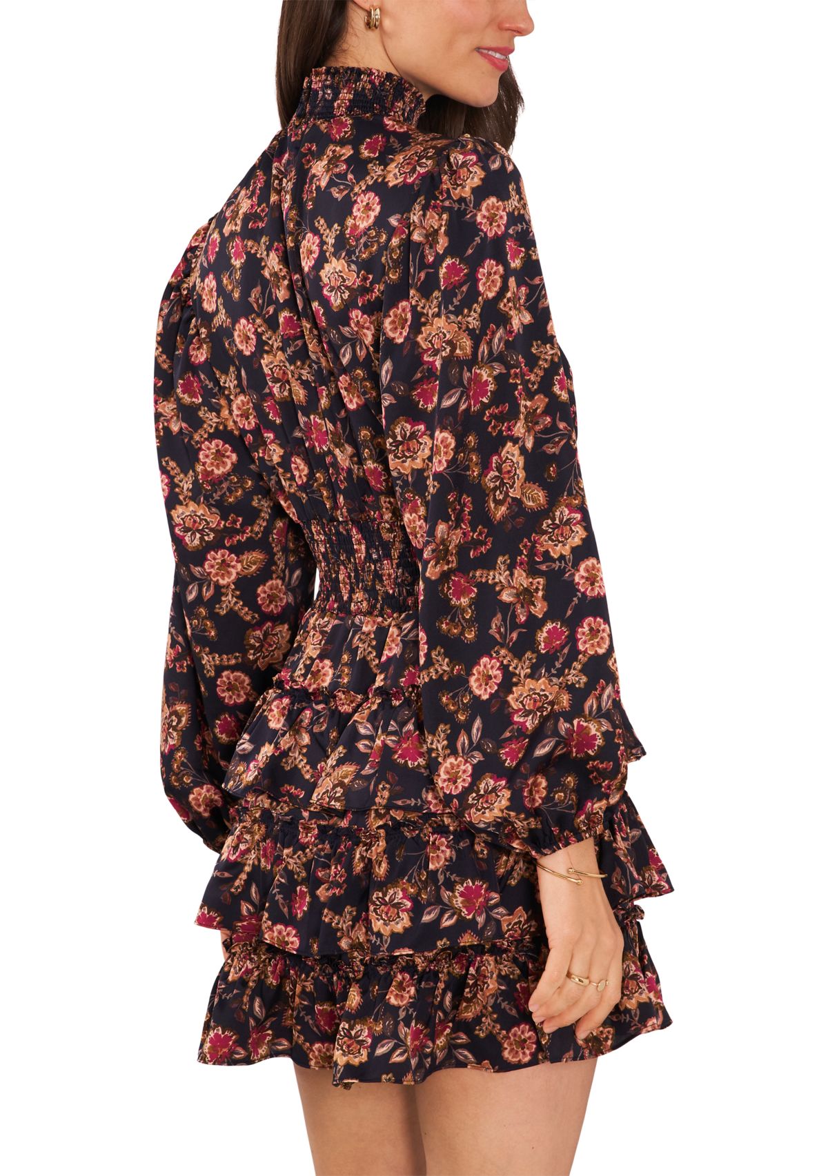 Womens Blouson Sleeve Mock Neck Floral Dress