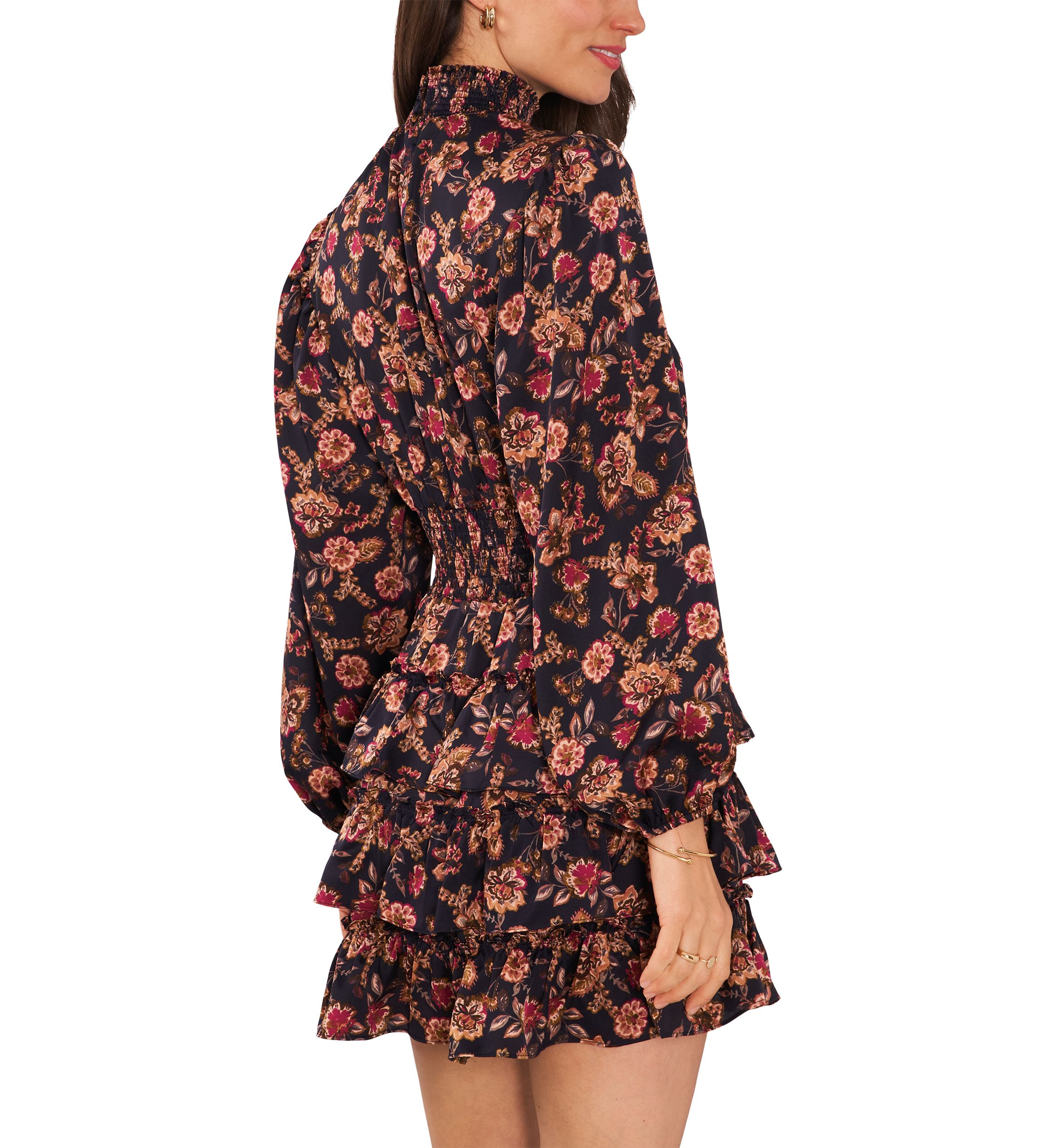 Womens Blouson Sleeve Mock Neck Floral Dress