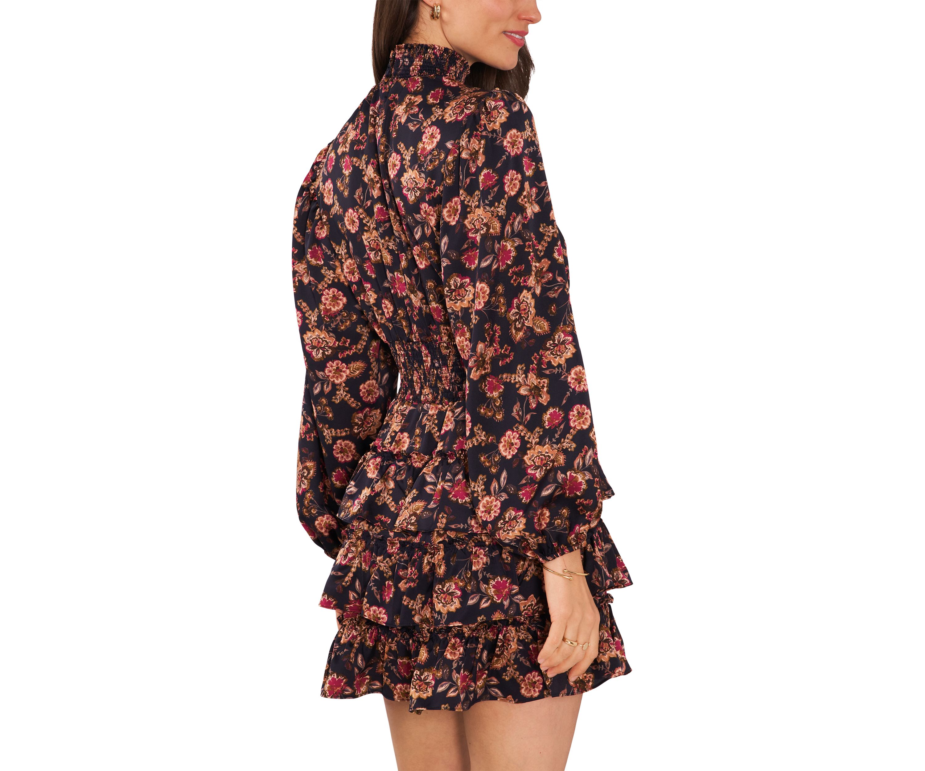 Womens Blouson Sleeve Mock Neck Floral Dress