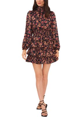 Women's Blouson Sleeve Mock Neck Floral Dress