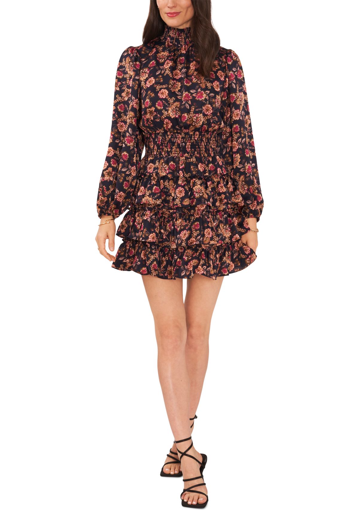 Womens Blouson Sleeve Mock Neck Floral Dress