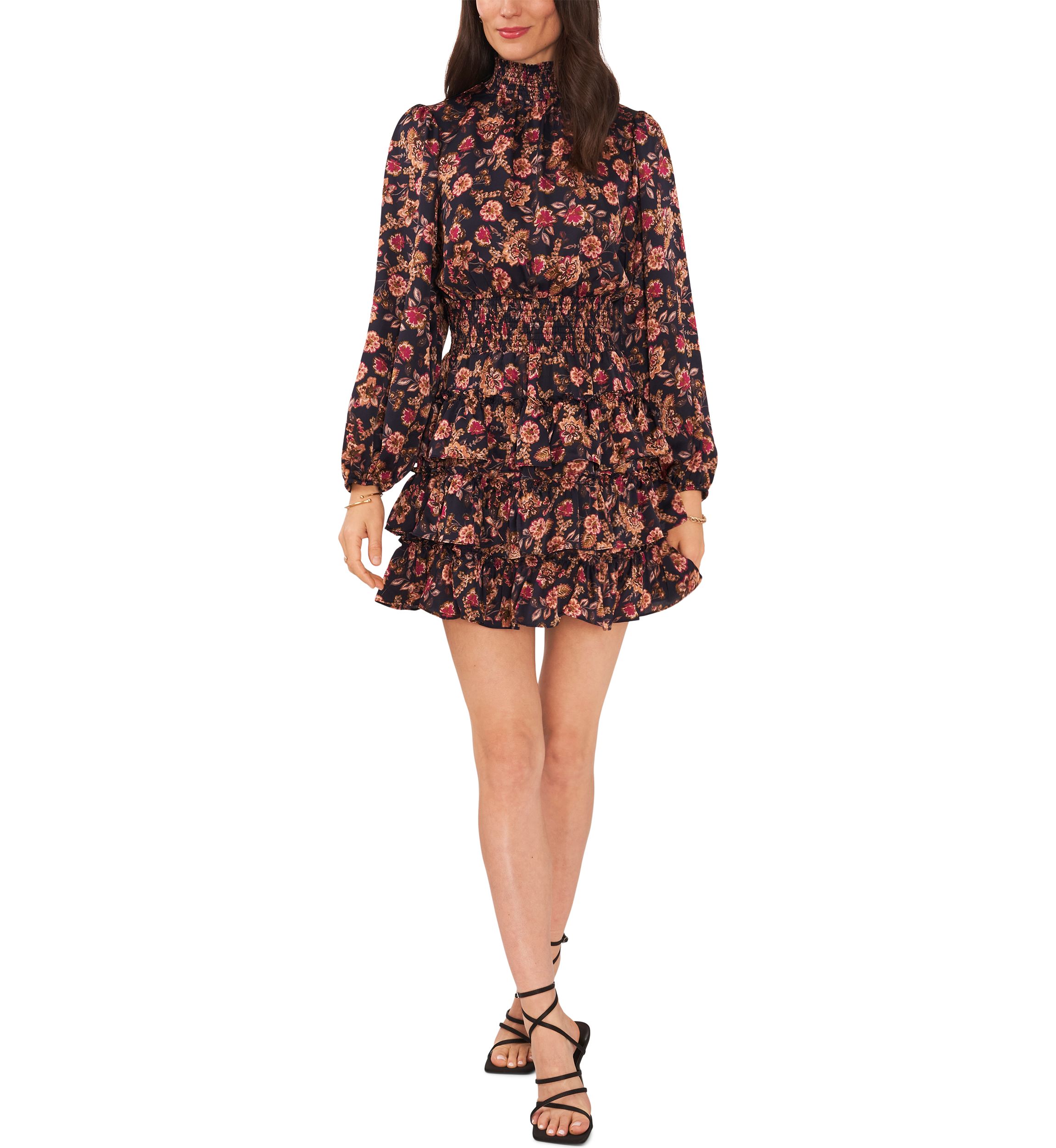 Womens Blouson Sleeve Mock Neck Floral Dress