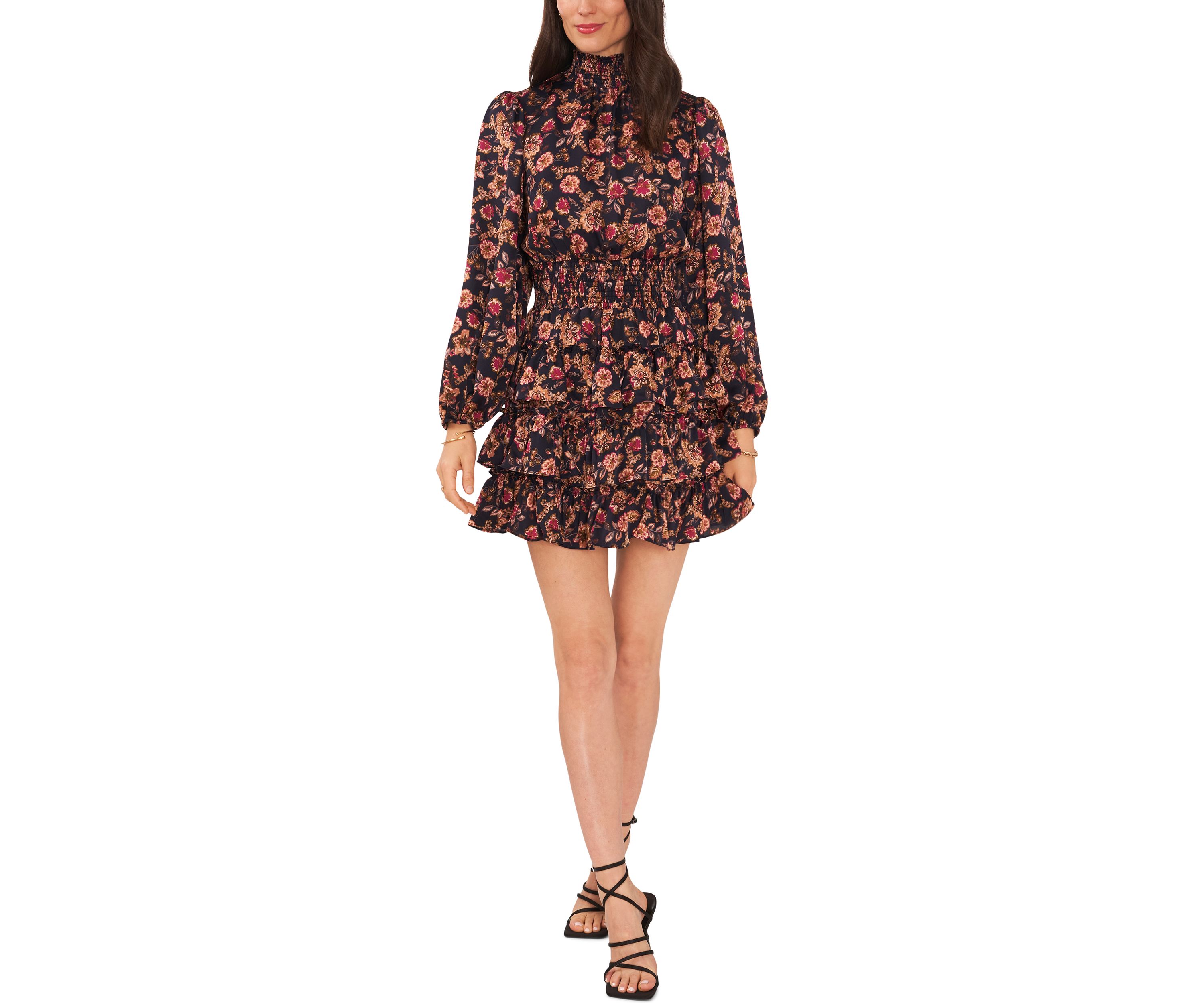 Womens Blouson Sleeve Mock Neck Floral Dress