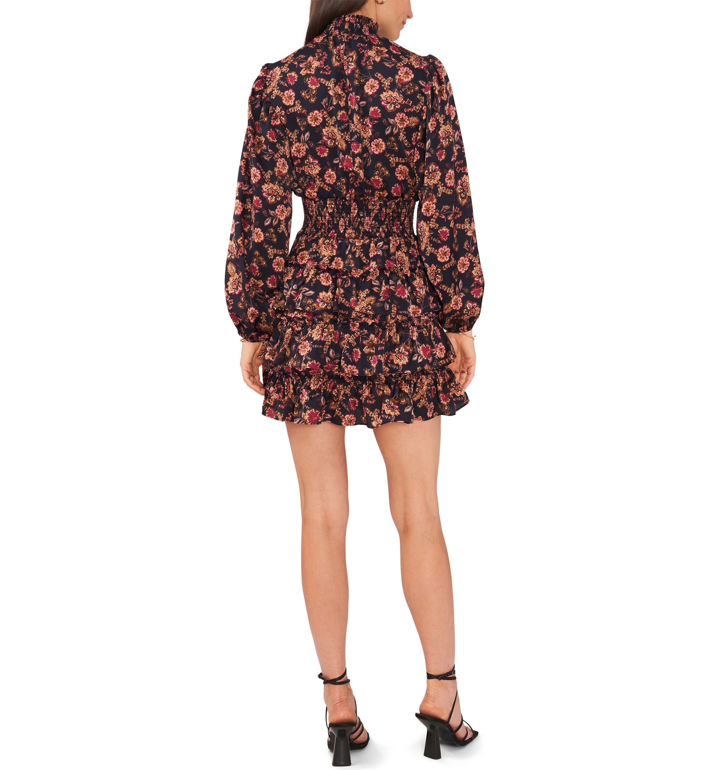 Womens Blouson Sleeve Mock Neck Floral Dress