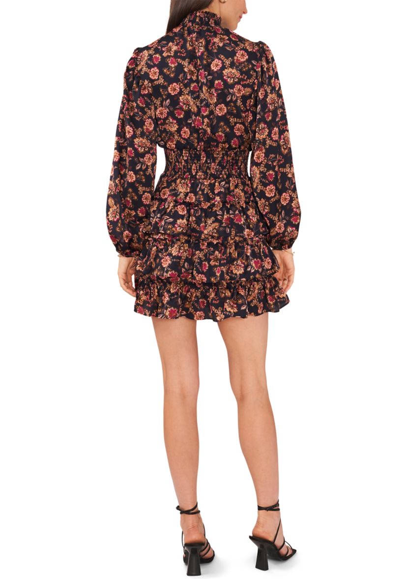 Womens Blouson Sleeve Mock Neck Floral Dress