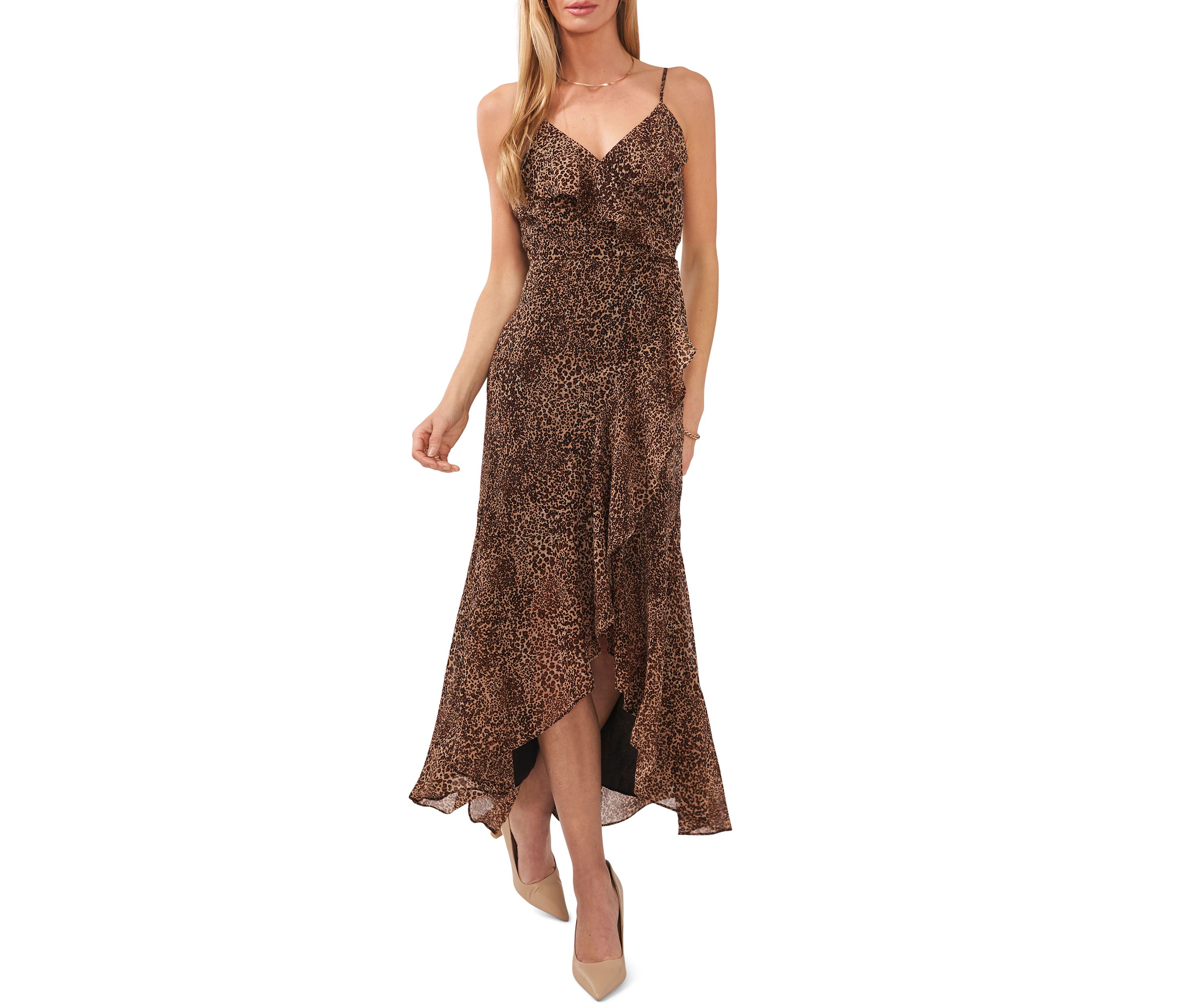 Womens V-Neck Hi-Low Ruffle Maxi Dress