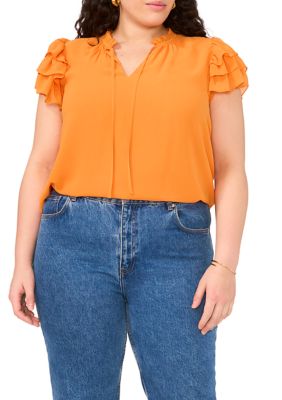 1.State Women's Plus Size Flutter Sleeve Tie Neck Top, Orange, 3X