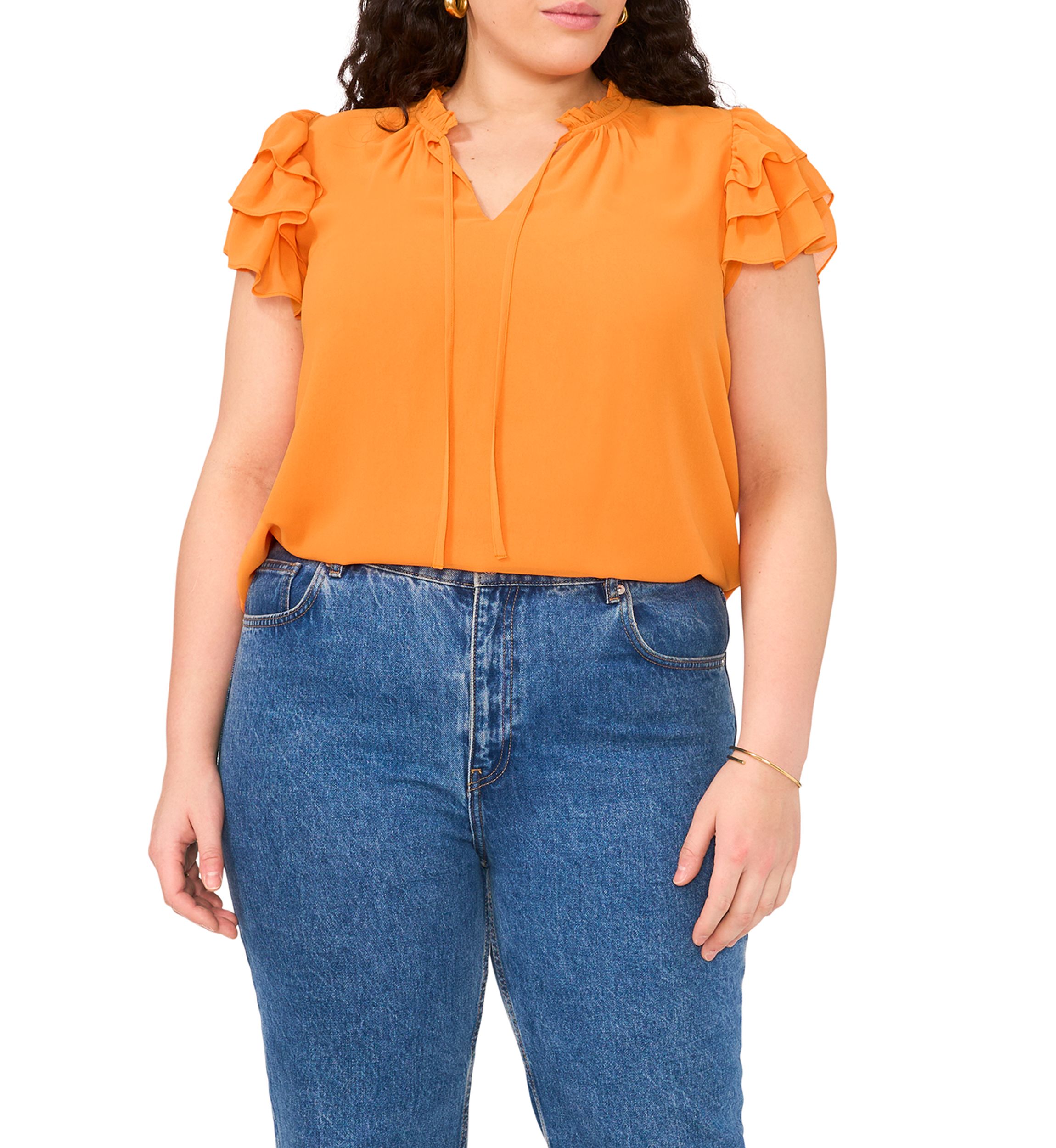 Plus Size Flutter Sleeve Tie Neck Top