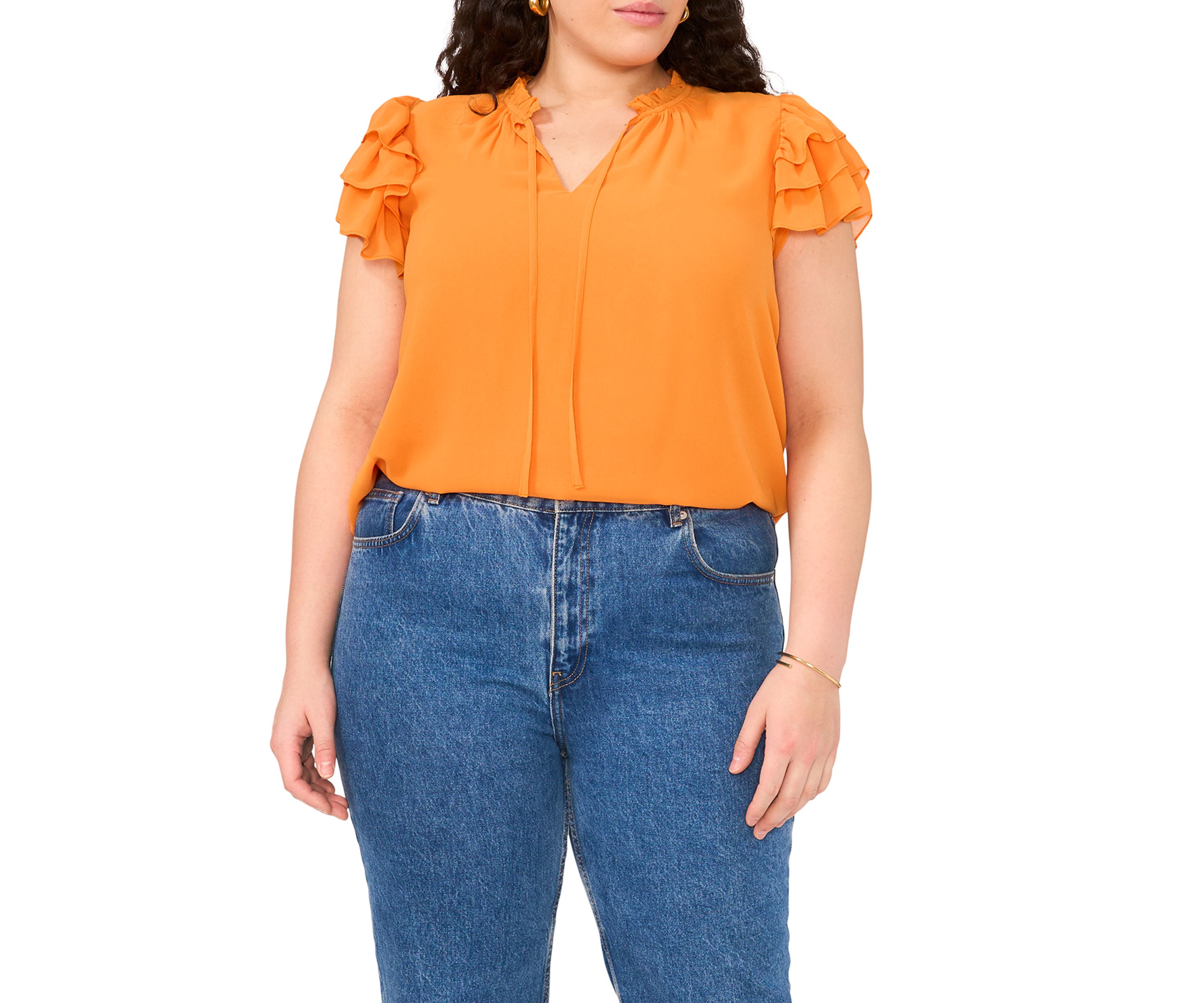 Plus Size Flutter Sleeve Tie Neck Top